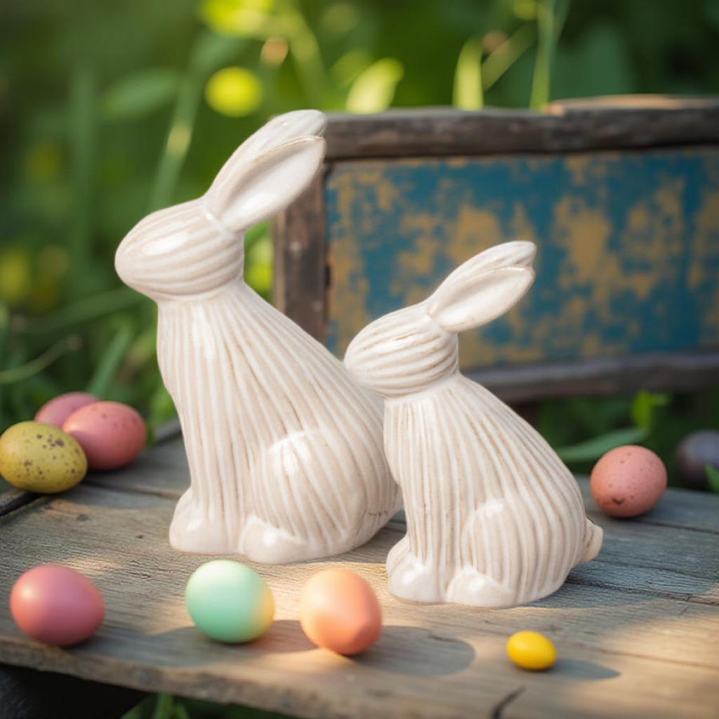 Set of 2 Ribbed Easter Bunny Ornaments