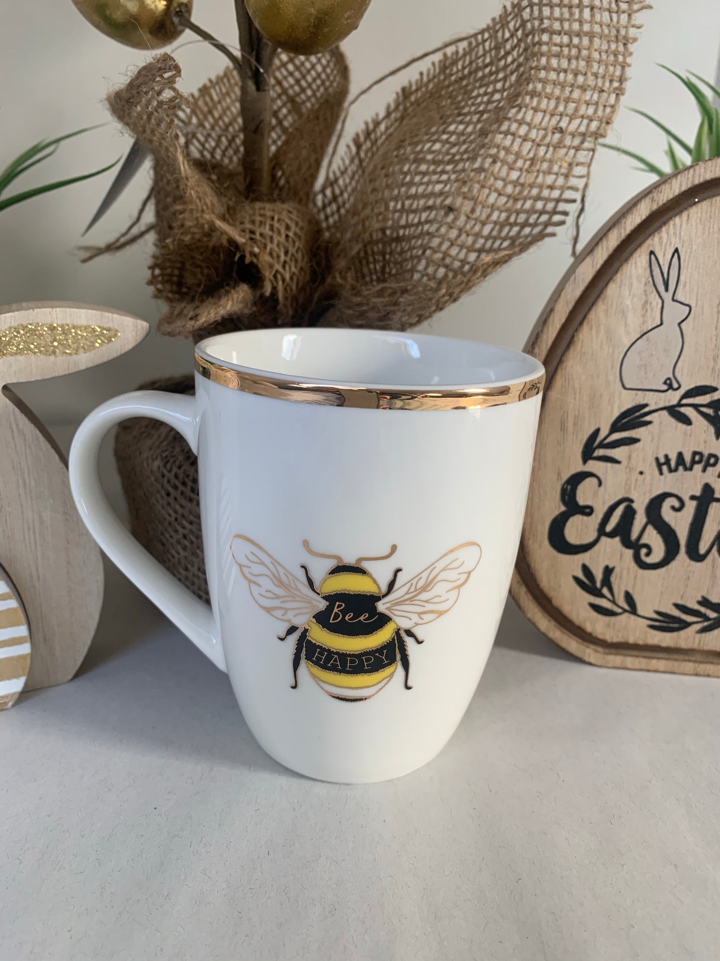 Bee Happy White & Gold China Mug