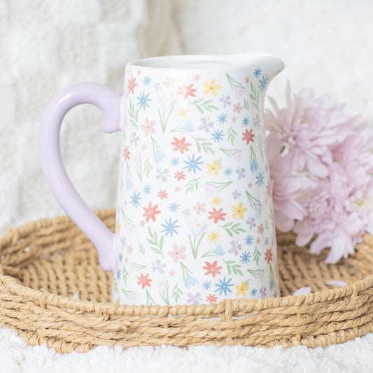 Floral print spring jug by Shabbyquins featuring vibrant flowers and a classic design, perfect for home decor.