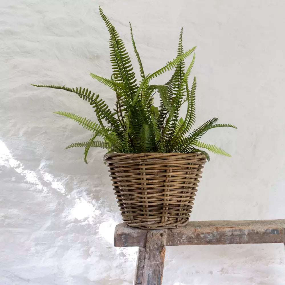 Grey & Buff Rattan Round Wicker Small Planter