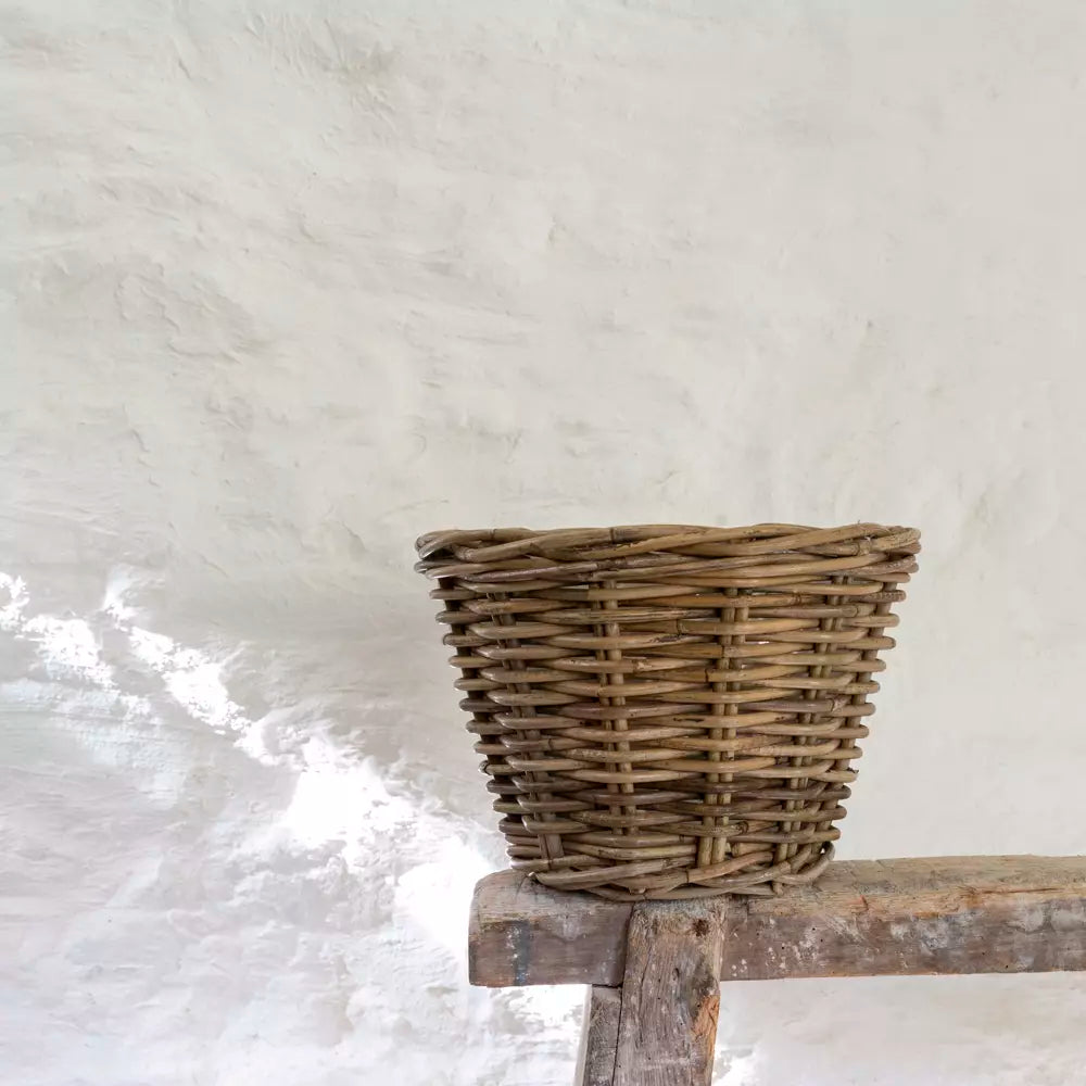 Grey & Buff Rattan Round Wicker Small Planter