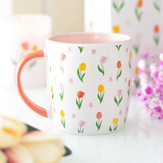 Shabbyquins tulip print spring mug featuring vibrant floral design and sturdy handle, perfect for seasonal beverages.