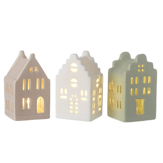 Set of 3 Multicoloured Ceramic LED Houses