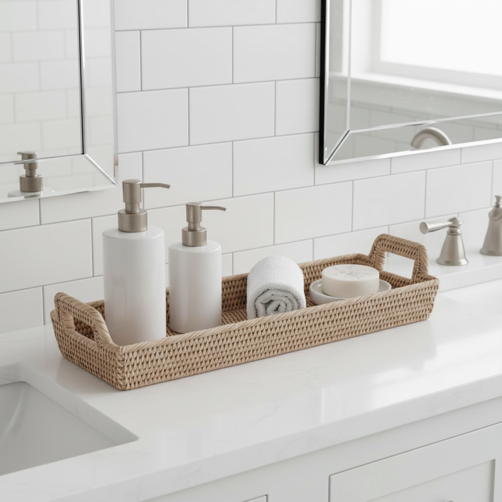 Rattan narrow display tray on bathroom vanity with hand wash and lotion