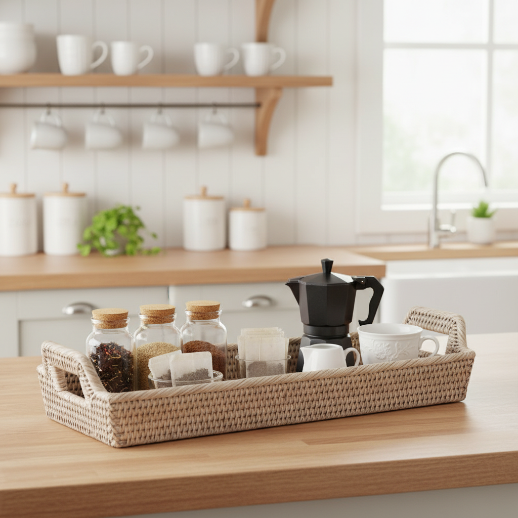 Rattan narrow display tray in kitchen with tea and coffee essentials