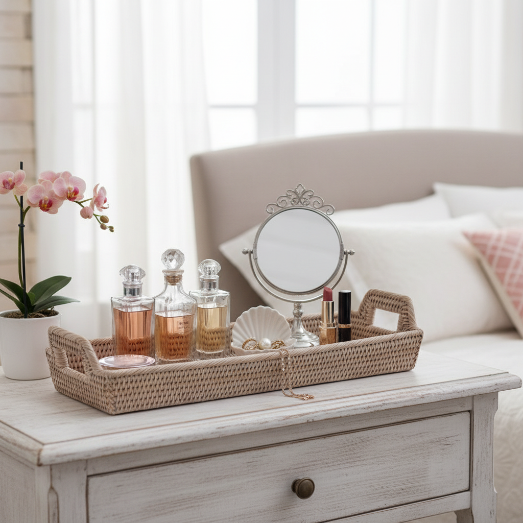 Rattan narrow display tray on dressing table with perfume, jewelry and cosmetics