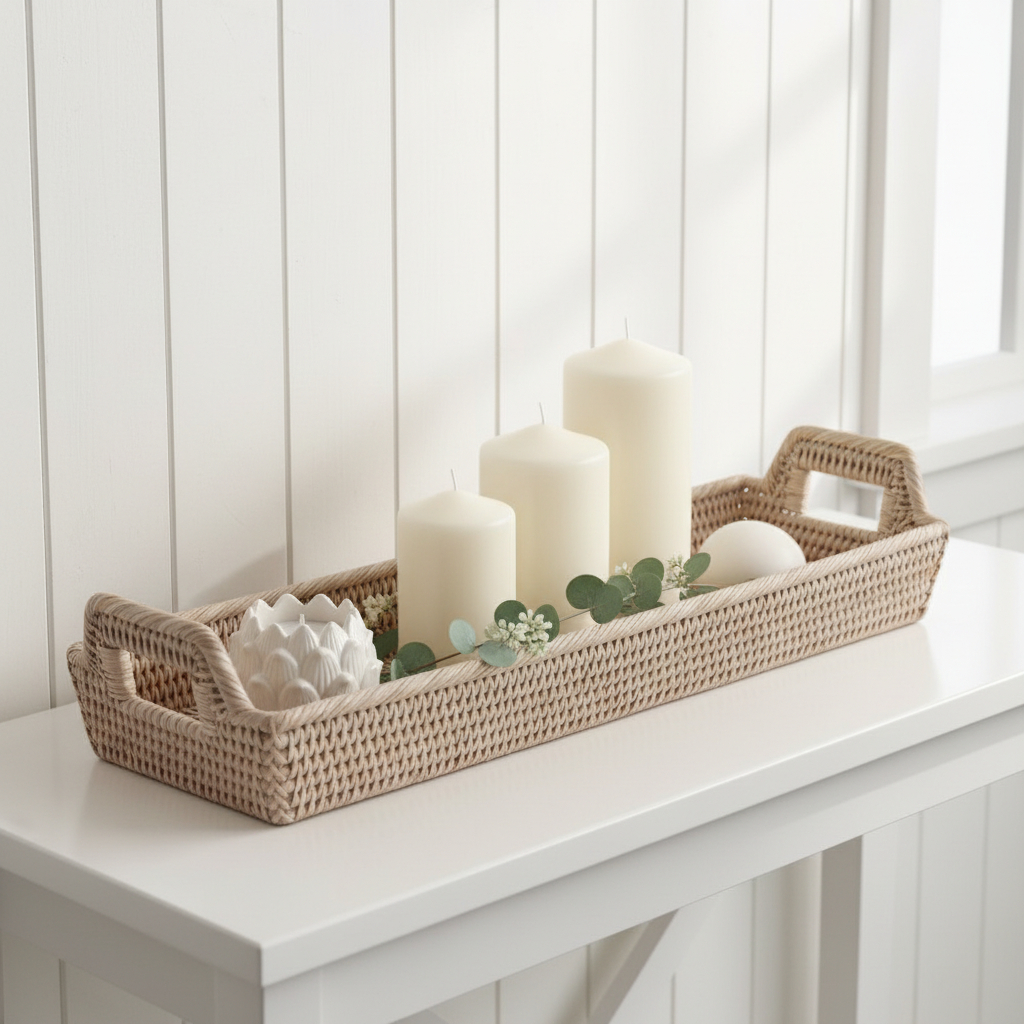 Rattan narrow display tray styled on console table with candles and greenery