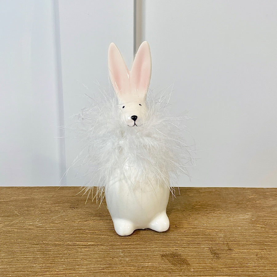 Feathered Rabbit Set of 2 Ceramic Rabbits with Feathered Necks - White Easter Decor ...