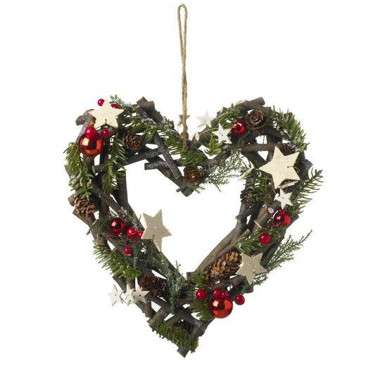 Red & Woodland White Stars Heart Wreath